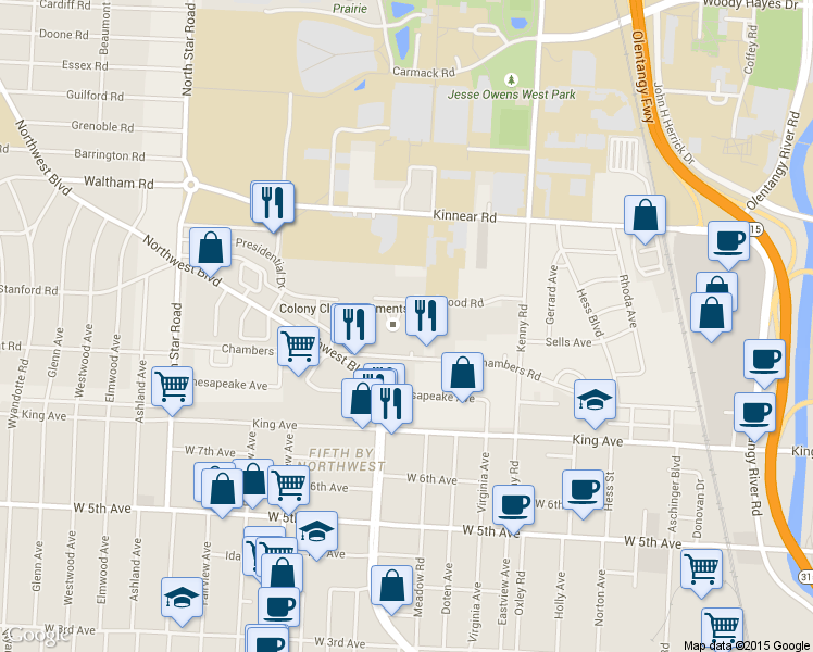 map of restaurants, bars, coffee shops, grocery stores, and more near 1190 Chambers Road in Columbus