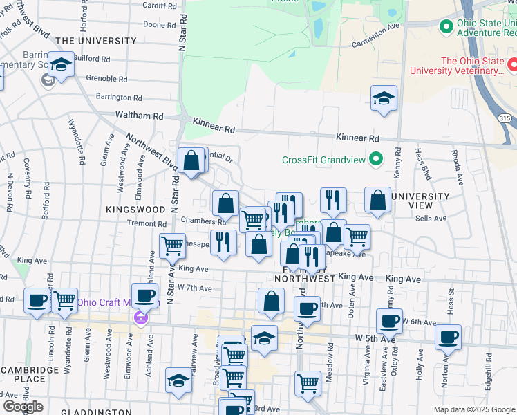 map of restaurants, bars, coffee shops, grocery stores, and more near 1758 Northwest Boulevard in Columbus