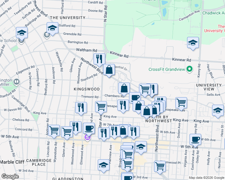map of restaurants, bars, coffee shops, grocery stores, and more near 1795 Northwest Court in Columbus