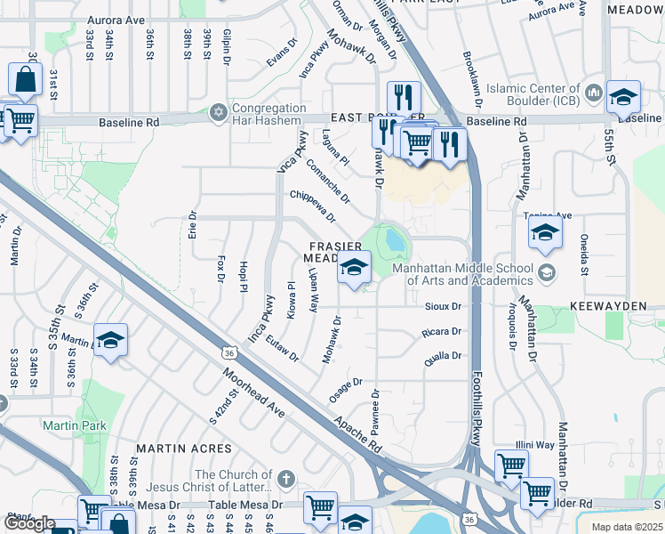 map of restaurants, bars, coffee shops, grocery stores, and more near in Boulder
