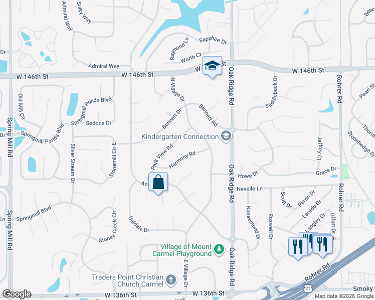 map of restaurants, bars, coffee shops, grocery stores, and more near 78 Harmony Road in Carmel