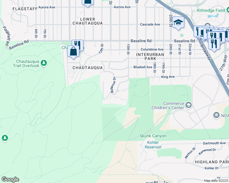 map of restaurants, bars, coffee shops, grocery stores, and more near 1405 Bellevue Drive in Boulder