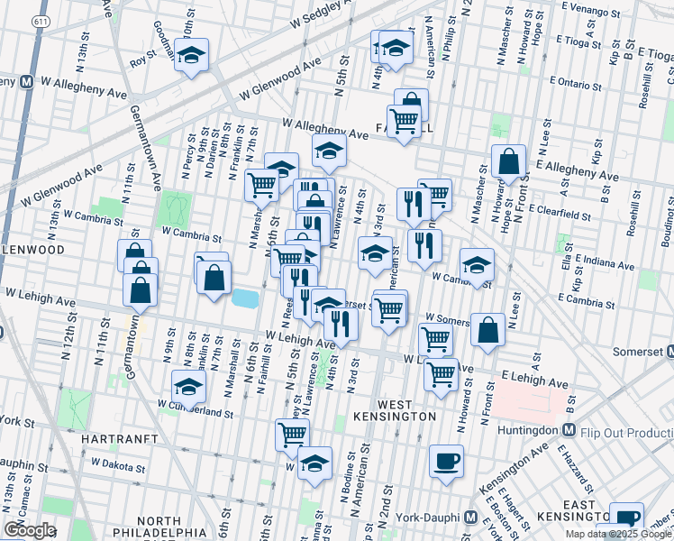 map of restaurants, bars, coffee shops, grocery stores, and more near 2860 North Leithgow Street in Philadelphia