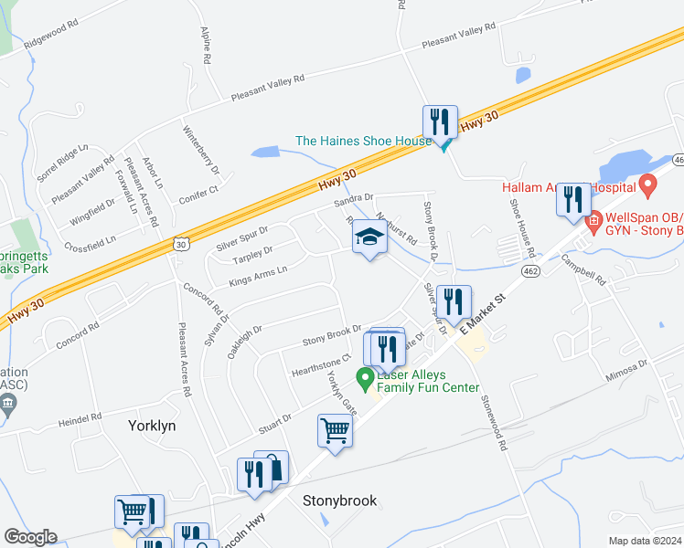 map of restaurants, bars, coffee shops, grocery stores, and more near 3899 Sylvan Drive in York
