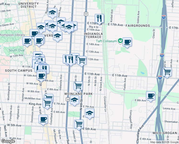 map of restaurants, bars, coffee shops, grocery stores, and more near 332 East 11th Avenue in Columbus