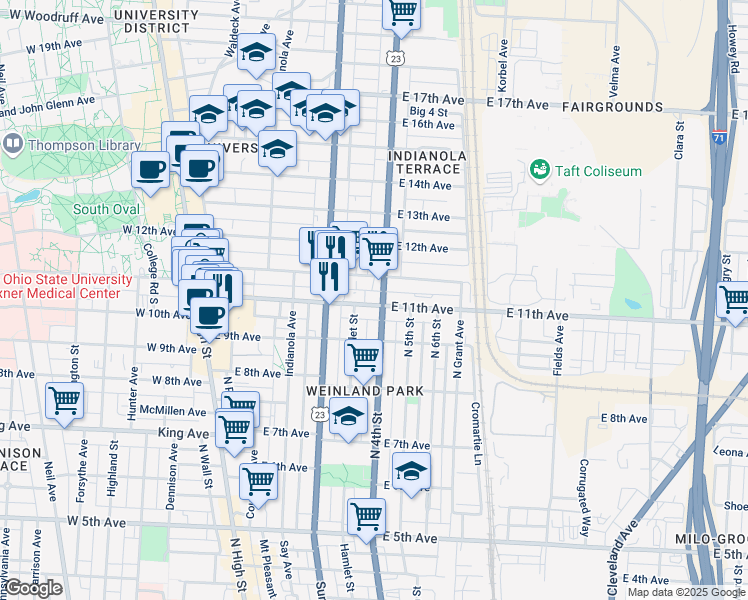 map of restaurants, bars, coffee shops, grocery stores, and more near 268 East 11th Avenue in Columbus