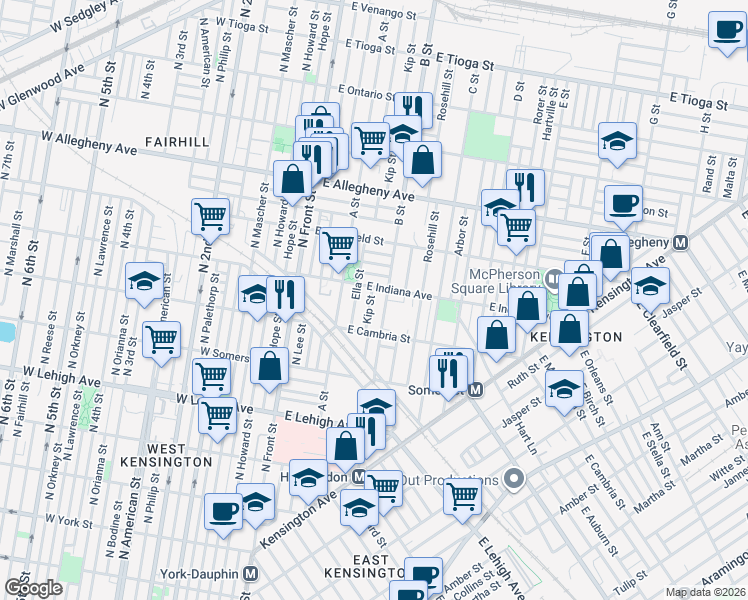 map of restaurants, bars, coffee shops, grocery stores, and more near 2959 B Street in Philadelphia
