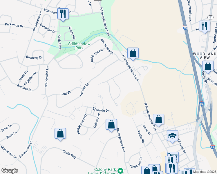 map of restaurants, bars, coffee shops, grocery stores, and more near 3016 Village Circle West in York