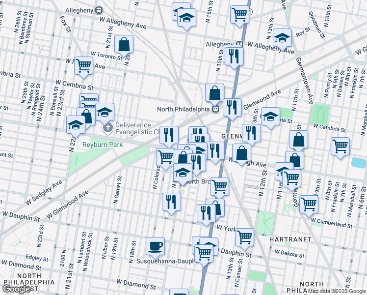 map of restaurants, bars, coffee shops, grocery stores, and more near 1607 West Lehigh Avenue in Philadelphia