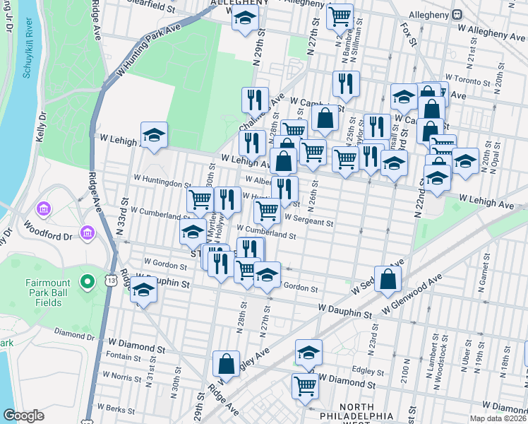 map of restaurants, bars, coffee shops, grocery stores, and more near 2534 North Marston Street in Philadelphia
