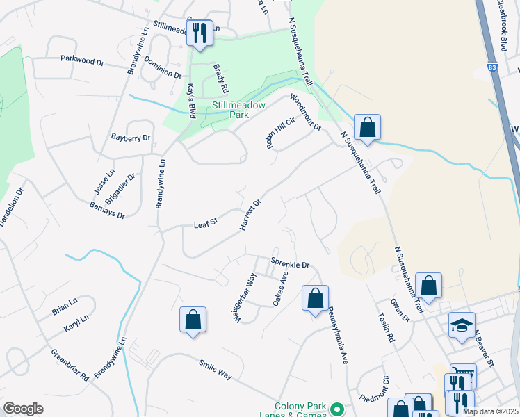 map of restaurants, bars, coffee shops, grocery stores, and more near 578 Harvest Drive in York