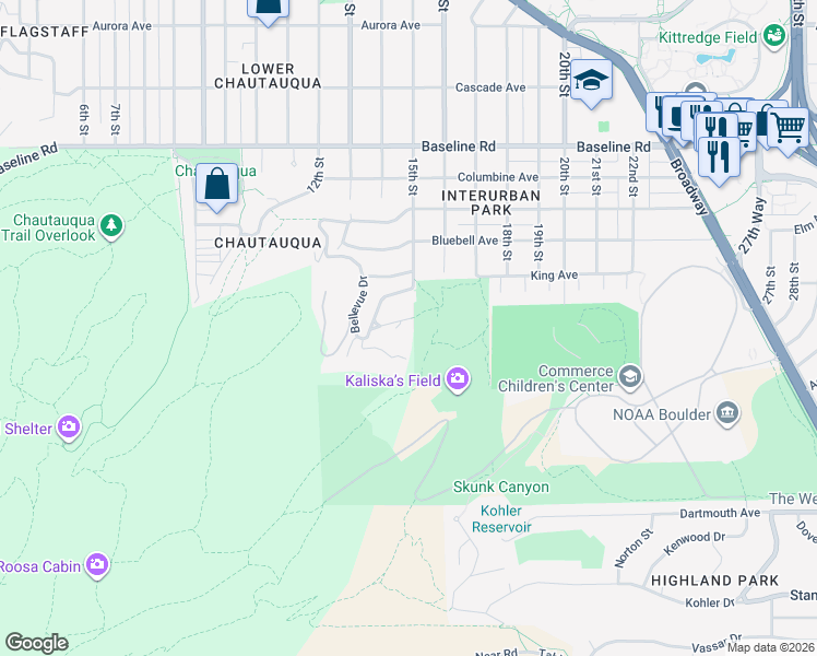 map of restaurants, bars, coffee shops, grocery stores, and more near 1480 Sierra Drive in Boulder