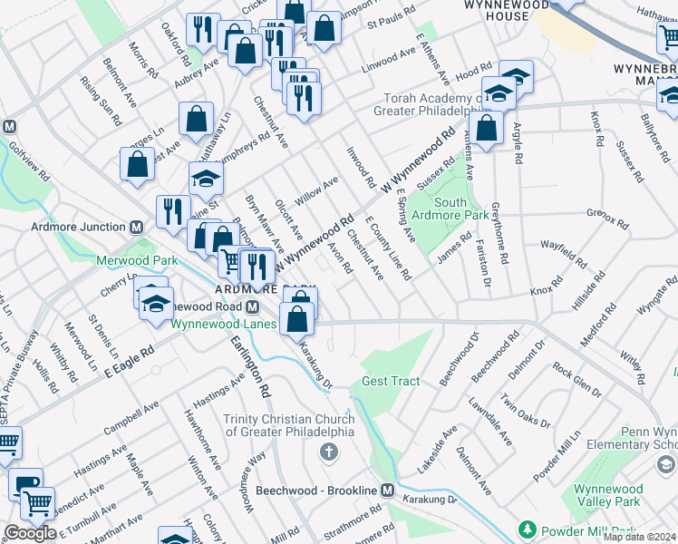 map of restaurants, bars, coffee shops, grocery stores, and more near 731 Wynnewood Road in Ardmore