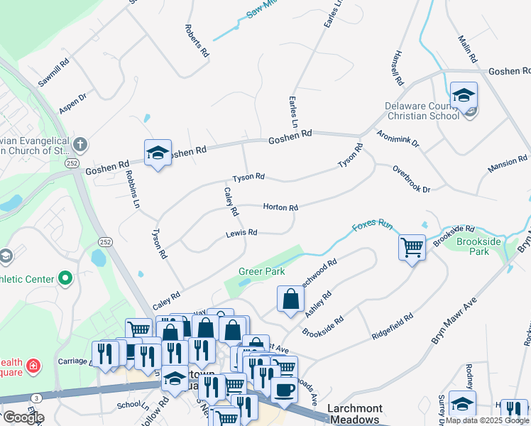 map of restaurants, bars, coffee shops, grocery stores, and more near 3438 Horton Road in Newtown Square