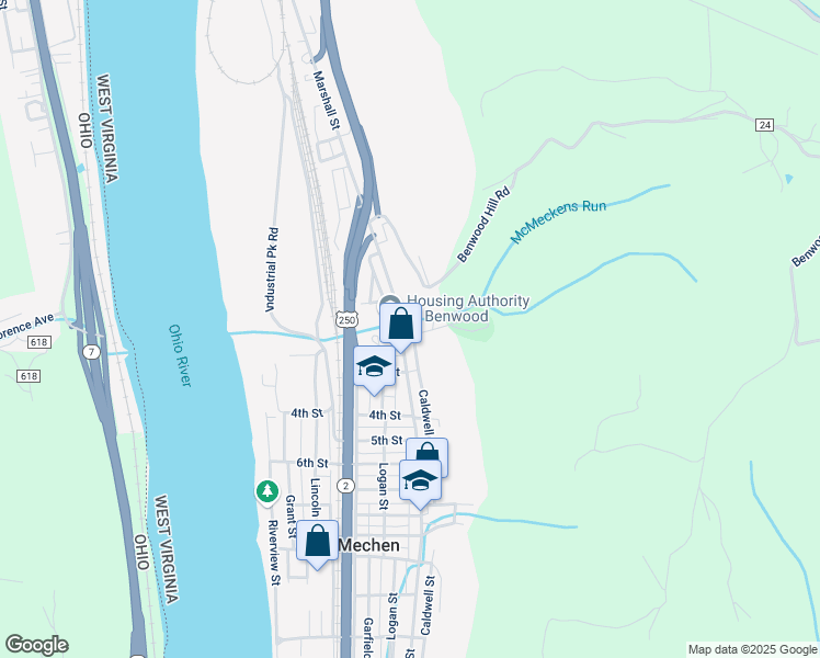 map of restaurants, bars, coffee shops, grocery stores, and more near 2 Marshall Street in McMechen
