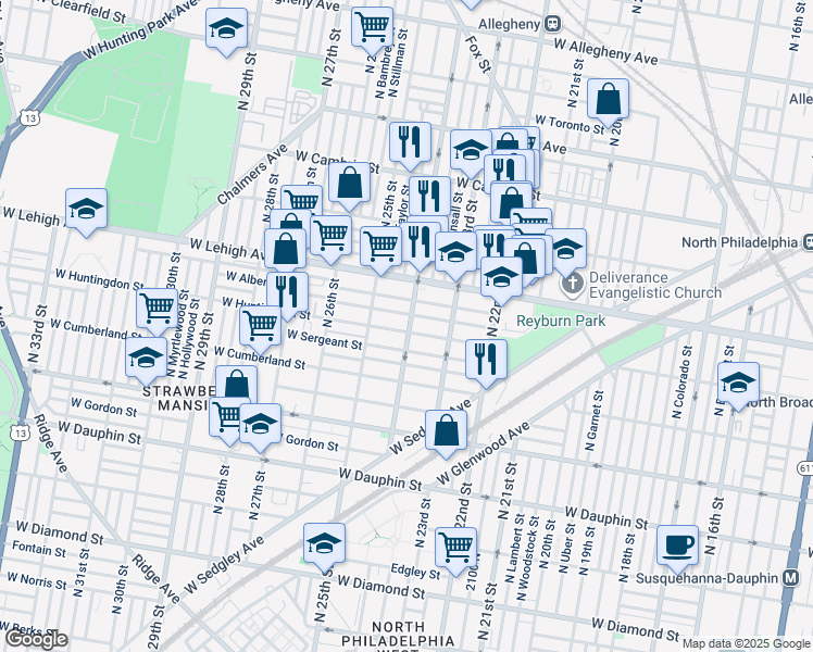 map of restaurants, bars, coffee shops, grocery stores, and more near 2401 West Huntingdon Street in Philadelphia