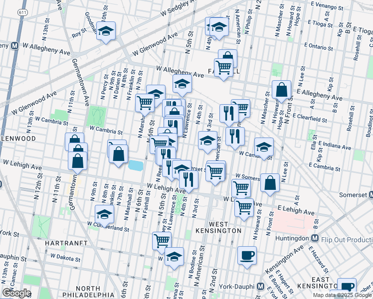 map of restaurants, bars, coffee shops, grocery stores, and more near 2860 North Leithgow Street in Philadelphia
