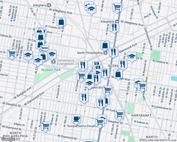 map of restaurants, bars, coffee shops, grocery stores, and more near 1617 West Lehigh Avenue in Philadelphia
