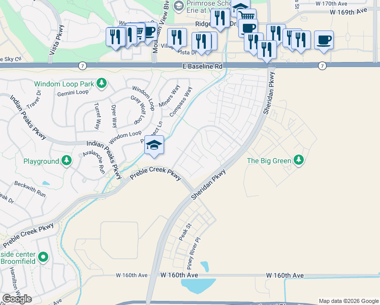 map of restaurants, bars, coffee shops, grocery stores, and more near 2378 West 165th Avenue in Broomfield