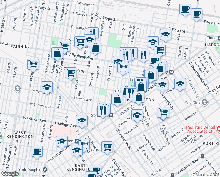 map of restaurants, bars, coffee shops, grocery stores, and more near 434 East Indiana Avenue in Philadelphia