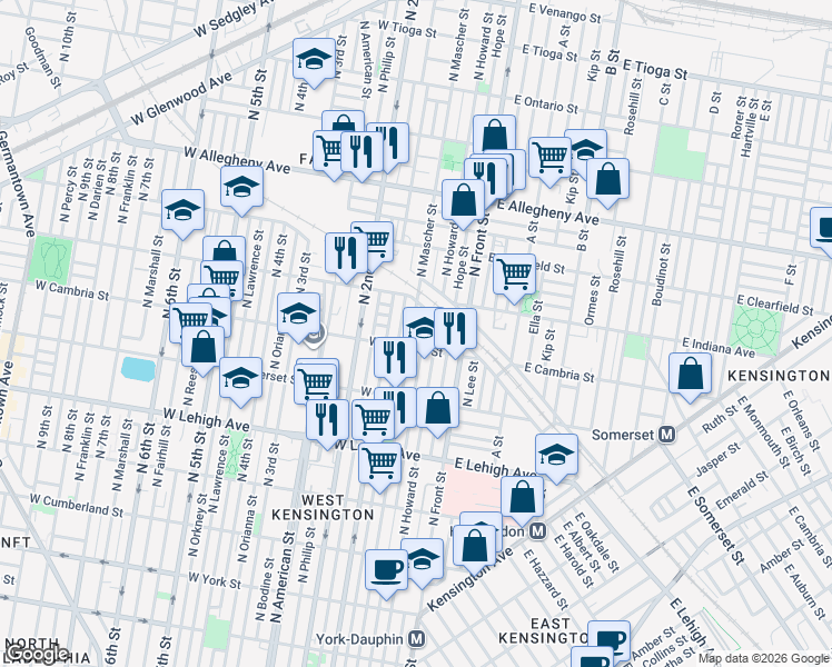 map of restaurants, bars, coffee shops, grocery stores, and more near 2911 North Mascher Street in Philadelphia