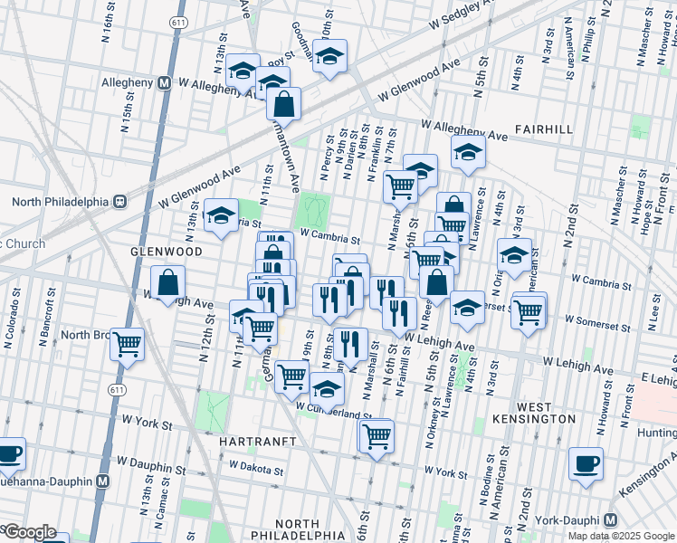 map of restaurants, bars, coffee shops, grocery stores, and more near 2810 North 8th Street in Philadelphia
