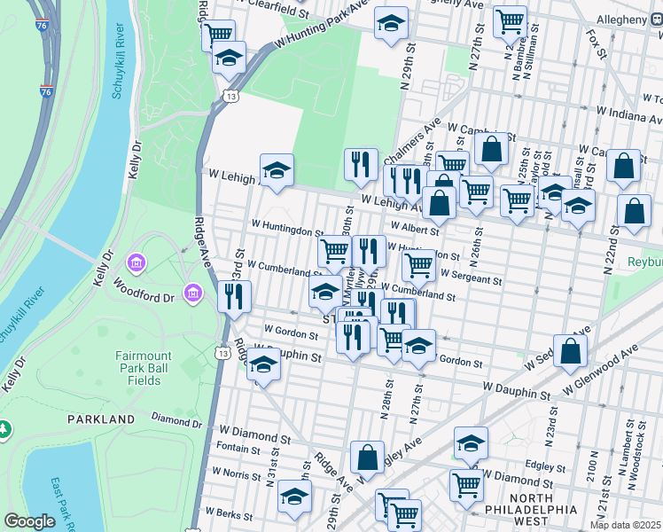 map of restaurants, bars, coffee shops, grocery stores, and more near 2517 North Corlies Street in Philadelphia