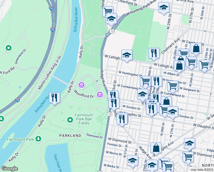 map of restaurants, bars, coffee shops, grocery stores, and more near 3365 Ridge Avenue in Philadelphia