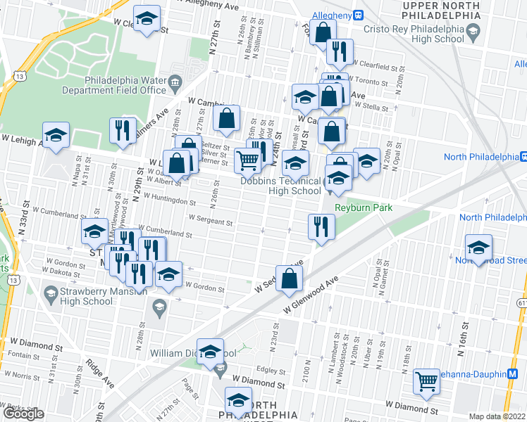 map of restaurants, bars, coffee shops, grocery stores, and more near 2401 West Huntingdon Street in Philadelphia