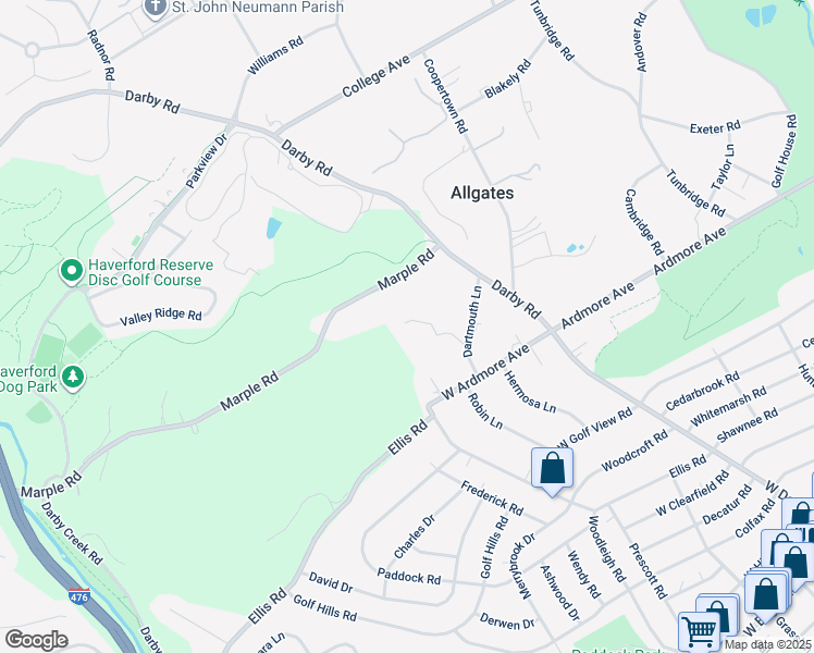 map of restaurants, bars, coffee shops, grocery stores, and more near 20 Dartmouth Lane in Haverford