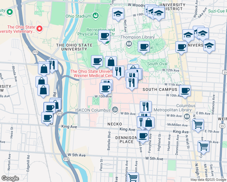 map of restaurants, bars, coffee shops, grocery stores, and more near 376 West 10th Avenue in Columbus