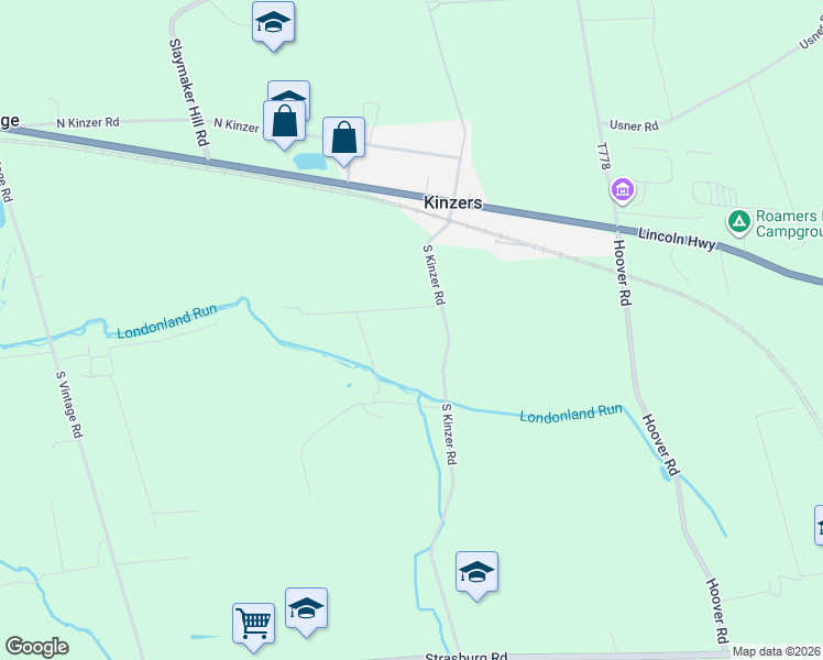 map of restaurants, bars, coffee shops, grocery stores, and more near 28 South Kinzer Road in Kinzers