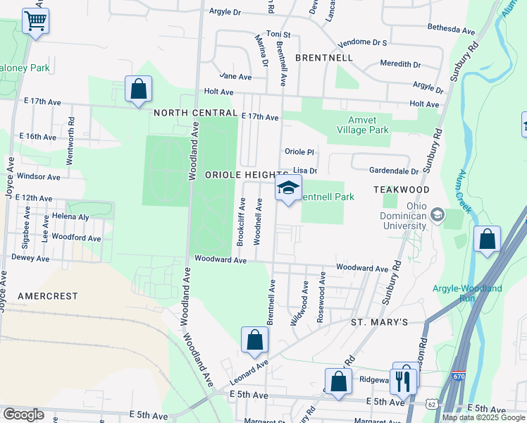 map of restaurants, bars, coffee shops, grocery stores, and more near 1265 Brentnell Avenue in Columbus