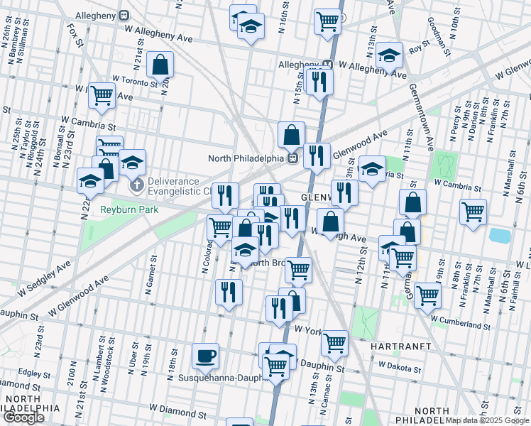 map of restaurants, bars, coffee shops, grocery stores, and more near 2714 North Hicks Street in Philadelphia