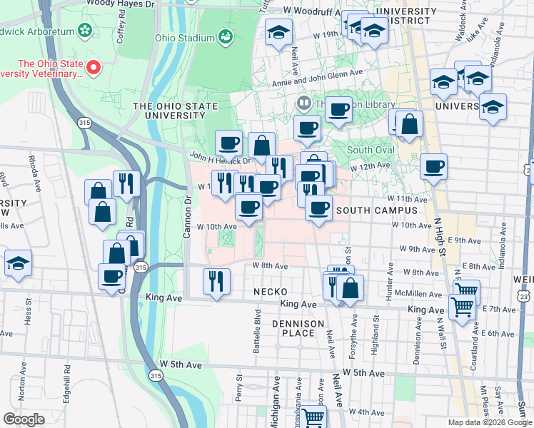 map of restaurants, bars, coffee shops, grocery stores, and more near 410 West 10th Avenue in Columbus