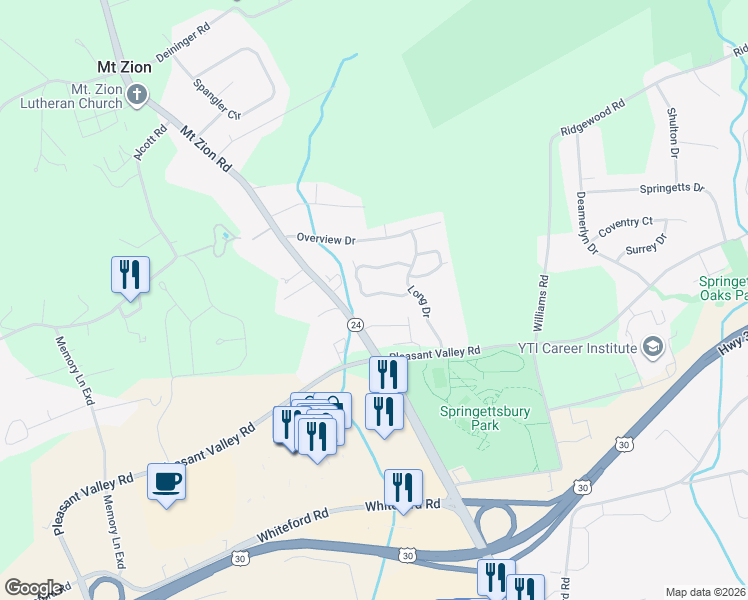 map of restaurants, bars, coffee shops, grocery stores, and more near 29 Jean Lo Way in York