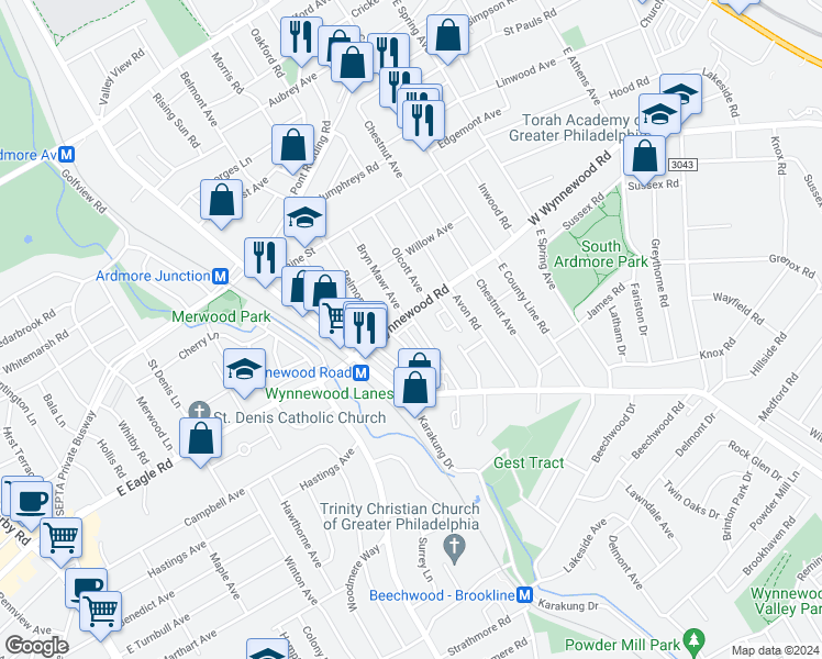 map of restaurants, bars, coffee shops, grocery stores, and more near 2316 Bryn Mawr Avenue in Ardmore
