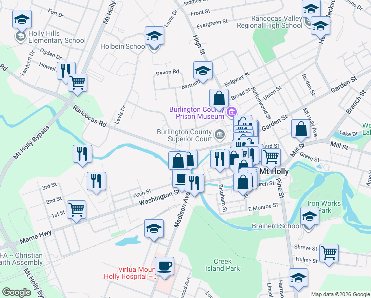 map of restaurants, bars, coffee shops, grocery stores, and more near 101 Rancocas Road in Mount Holly