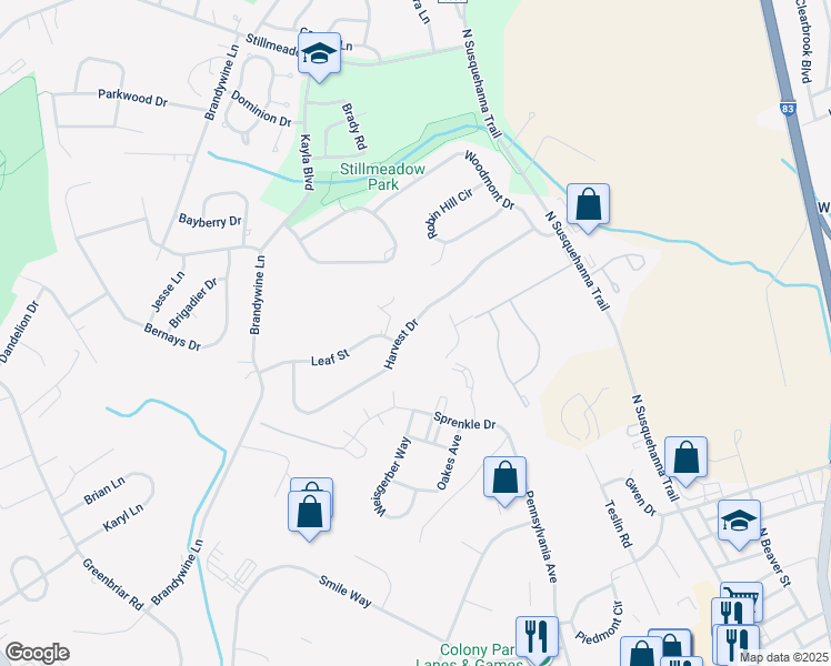 map of restaurants, bars, coffee shops, grocery stores, and more near 578 Harvest Drive in York