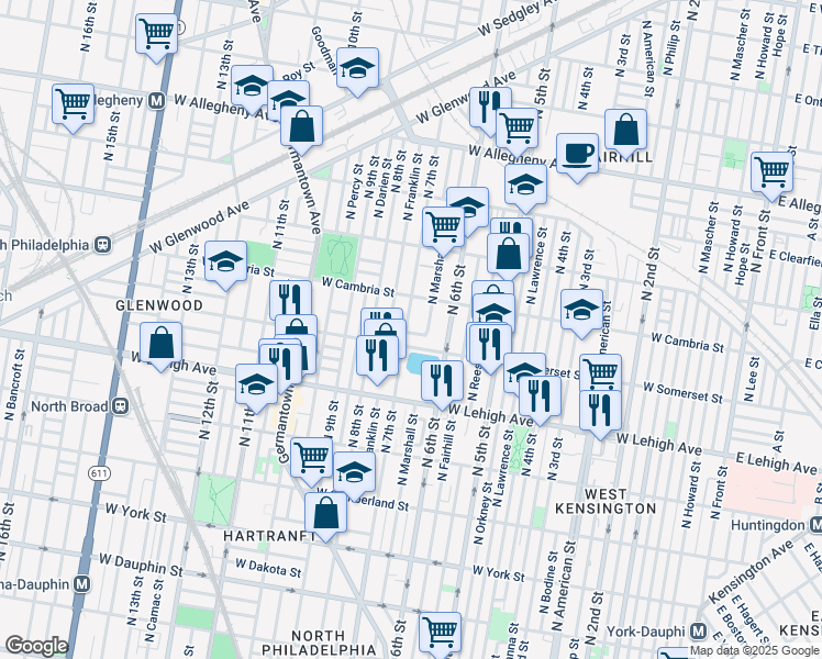 map of restaurants, bars, coffee shops, grocery stores, and more near 653 West Rush Street in Philadelphia