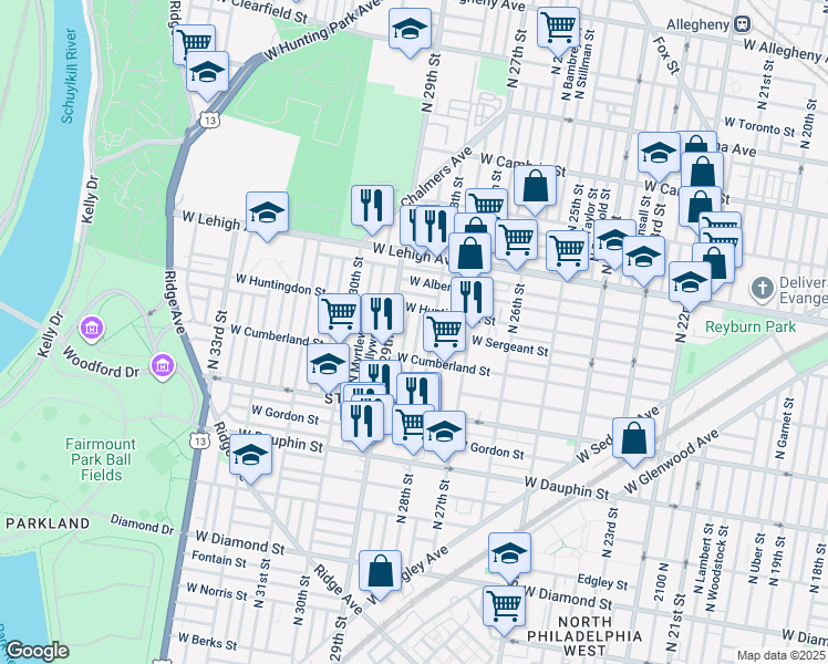 map of restaurants, bars, coffee shops, grocery stores, and more near 2538 North Newkirk Street in Philadelphia