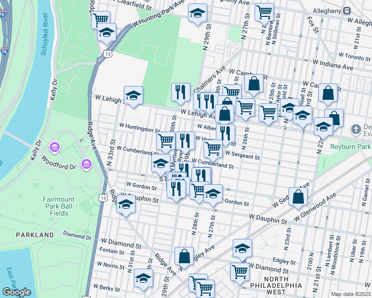 map of restaurants, bars, coffee shops, grocery stores, and more near 2528 North 29th Street in Philadelphia