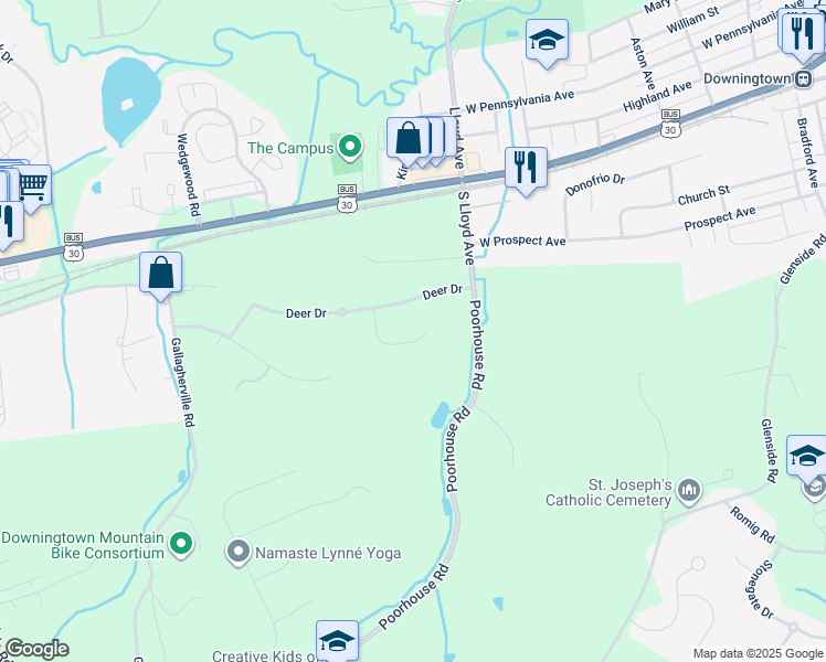map of restaurants, bars, coffee shops, grocery stores, and more near 4008 Katie Lane in Downingtown