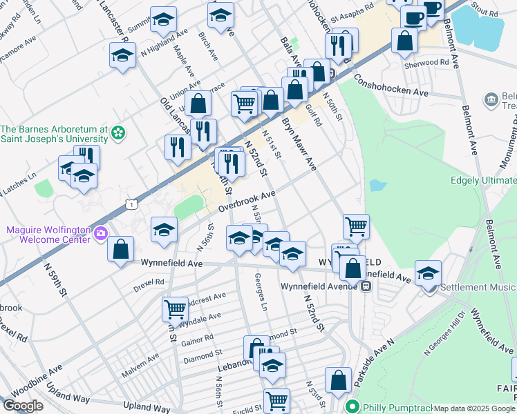 map of restaurants, bars, coffee shops, grocery stores, and more near 2417 North 53rd Street in Philadelphia