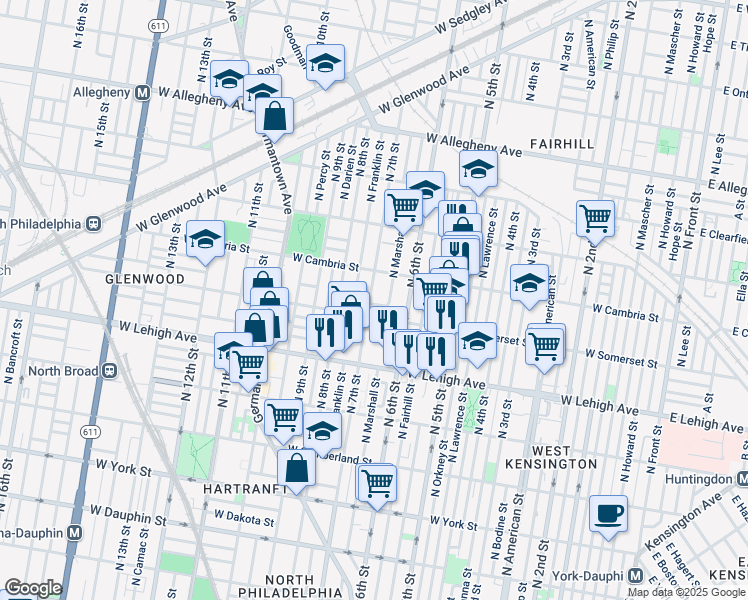 map of restaurants, bars, coffee shops, grocery stores, and more near 653 West Rush Street in Philadelphia