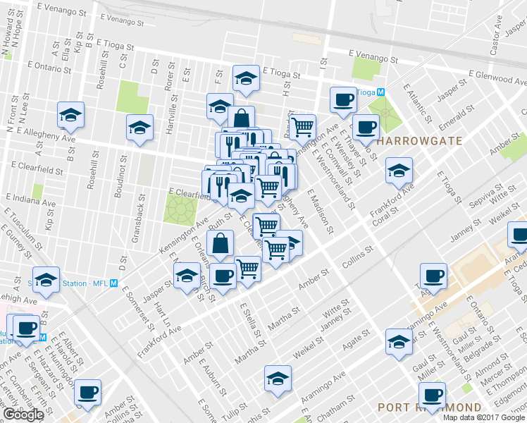 map of restaurants, bars, coffee shops, grocery stores, and more near 1861 East Clementine Street in Philadelphia