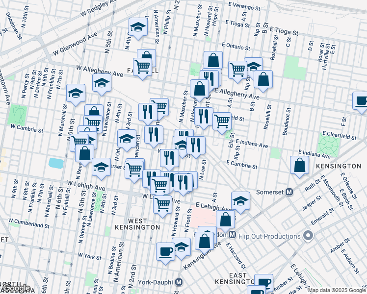 map of restaurants, bars, coffee shops, grocery stores, and more near 2923 Waterloo Street in Philadelphia