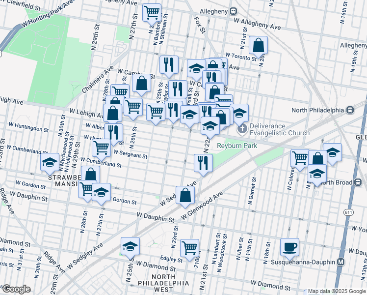 map of restaurants, bars, coffee shops, grocery stores, and more near 2308 West Harold Street in Philadelphia