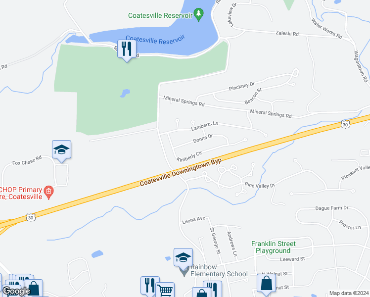 map of restaurants, bars, coffee shops, grocery stores, and more near 5 Donna Drive in Coatesville