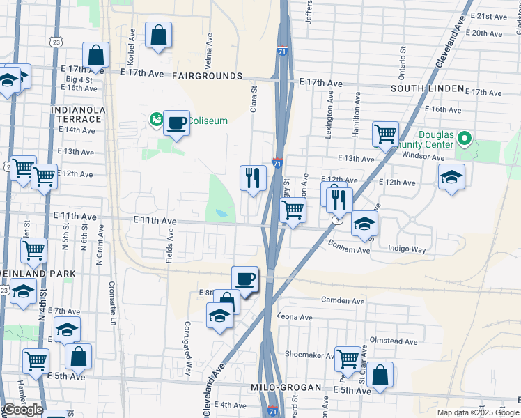 map of restaurants, bars, coffee shops, grocery stores, and more near 750 East 11th Avenue in Columbus